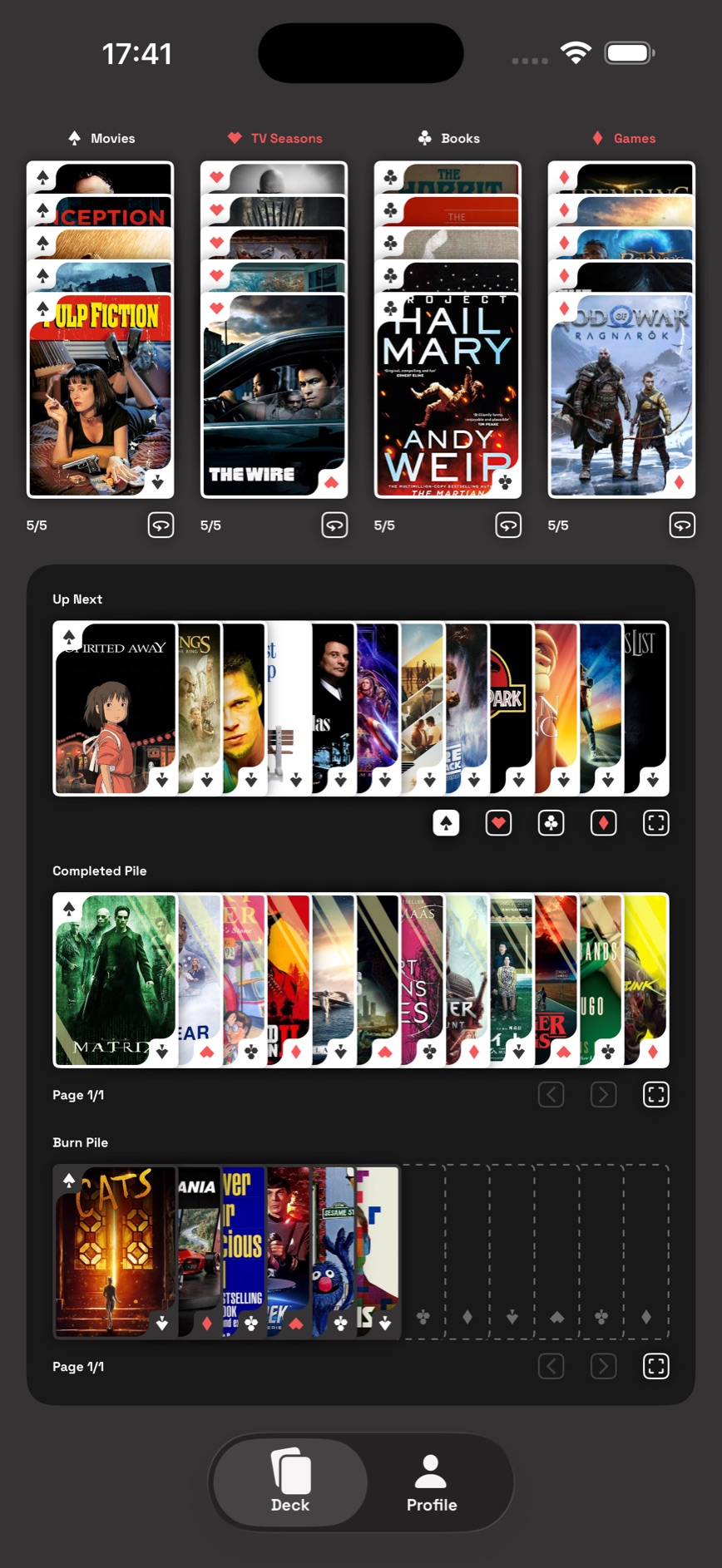 The TalonDeck deck screen, showing cards in play above the draw and completed piles